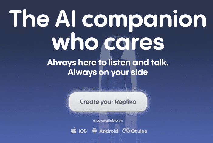 screenshot of Replika marketing messaging, touting an AI companion who cares